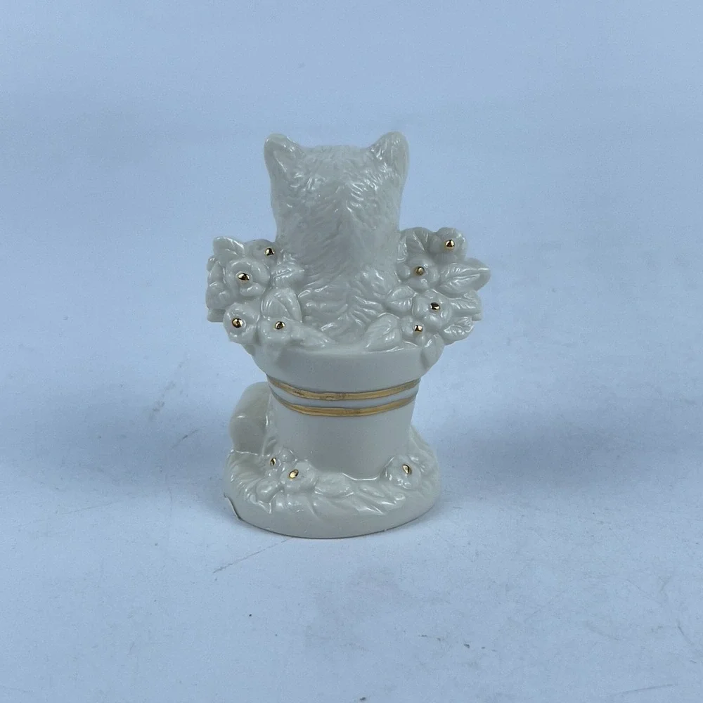 Lenox Mini Kitty Ivory & Gold Cat‎ Kitten in Flower Basket Decorative Figurine